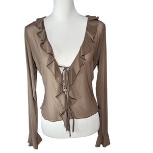Fashion Nova size 1X brown sheer mesh ruffle tie front top with flare sleeves